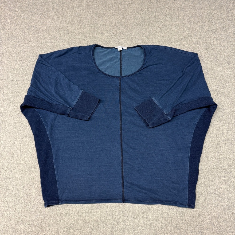 Chico's Dolman Sleeve Top Size 3 XL Blue Ribbed Trim Oversized Scoop Neck Casual
